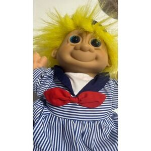 Vintage Sailor Troll Doll Yellow Hair Blue Striped Outfit Red Bow Tie 90s Toy